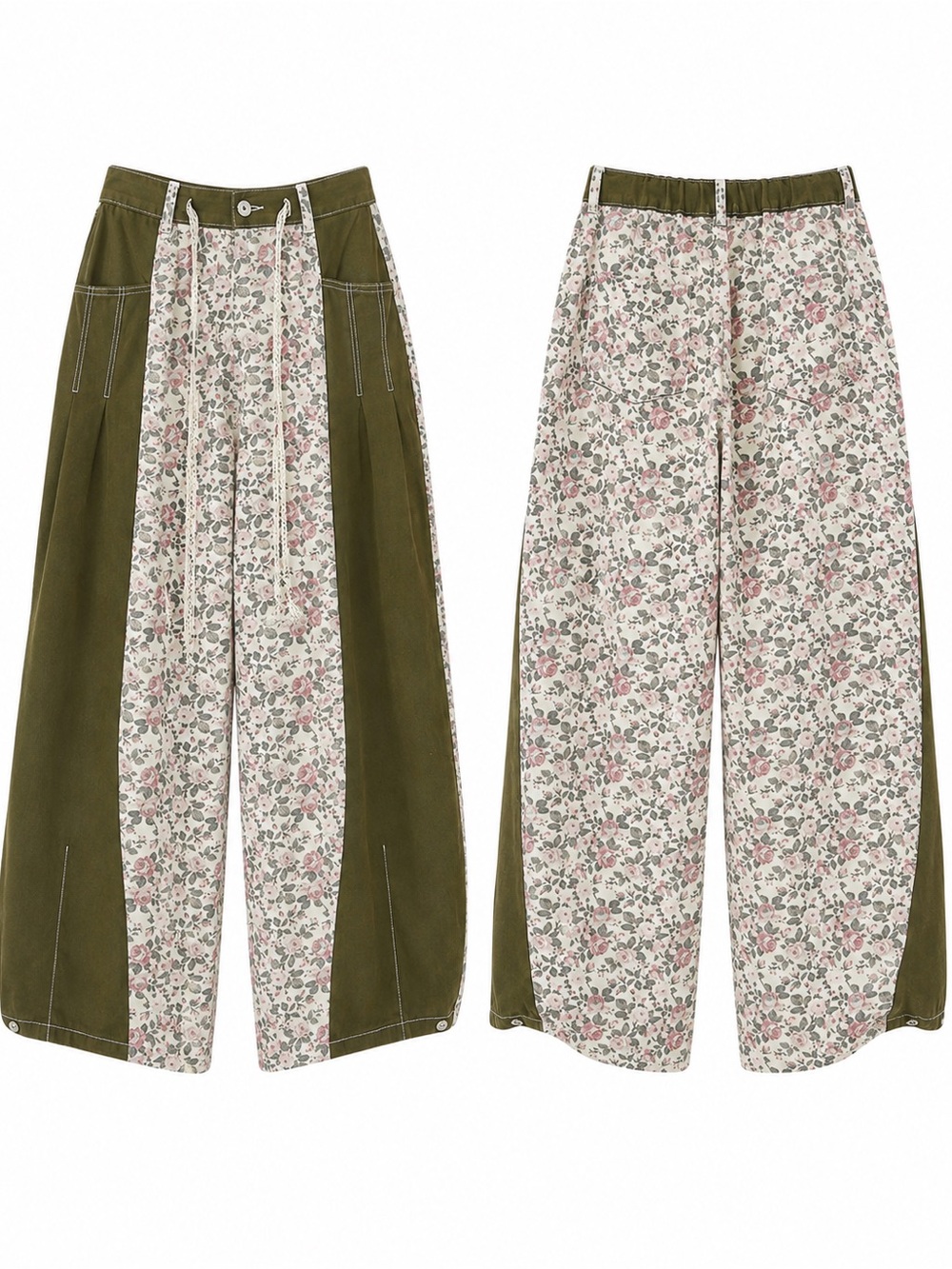 POL Olive Floral Patchwork Straight Leg Pants